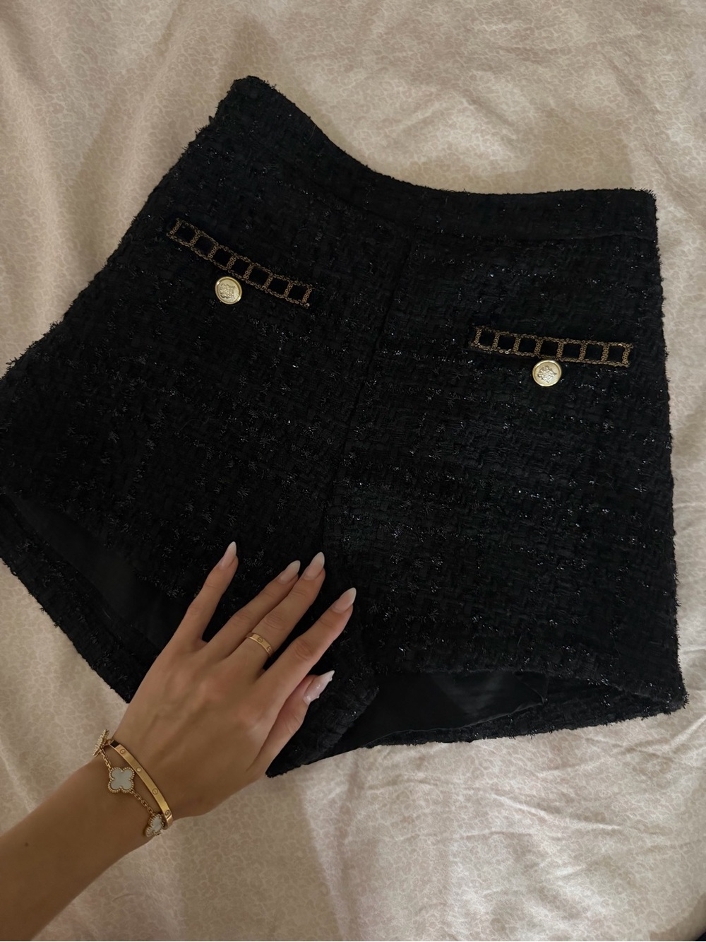 Black Tweed Women's Shorts with Decorative Buttons